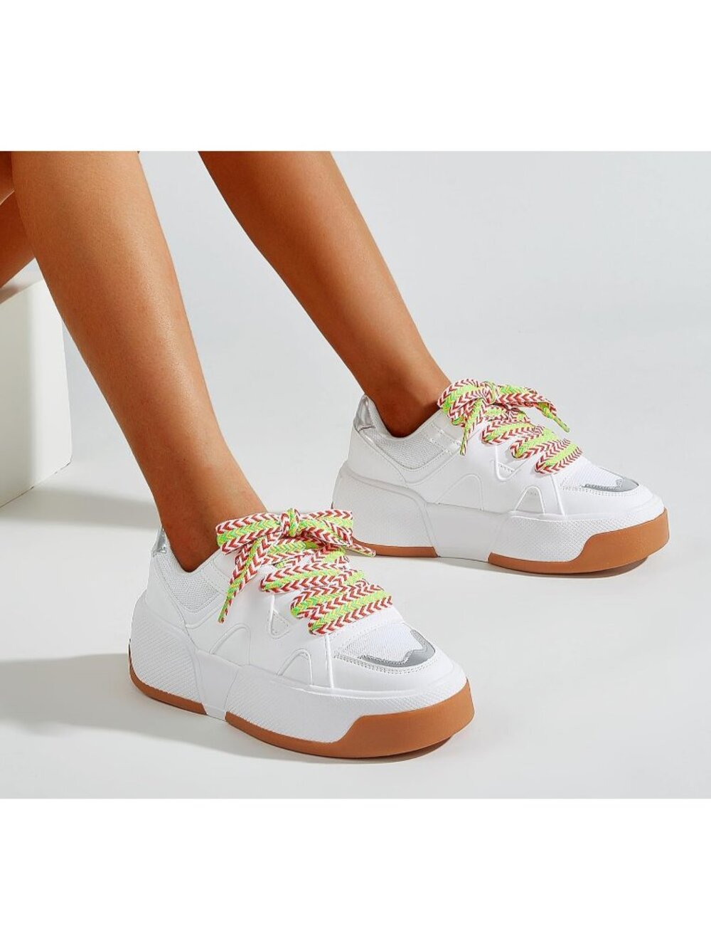 Women’s All White Thick Sole Lace Up Casual Comfortable Fashion Walking Sneakers - Picture 2 of 6